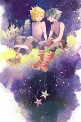 2boys alternate_costume aozrnst arm_support belt black_hair black_pants black_shirt blonde_hair boots brown_shoes castle closed_eyes fingerless_gloves full_body gloves highres kingdom_hearts kingdom_hearts_birth_by_sleep knee_boots leaning_forward light_smile looking_at_another male_focus multiple_boys night no_armor no_jacket on_grass open_mouth outdoors pants puffy_pants red_belt red_boots red_gloves shirt shoes short_hair sitting sky sleeveless sleeveless_shirt sleeveless_turtleneck smile spiked_hair star_(sky) star_(symbol) starry_sky translation_request turtleneck turtleneck_shirt vanitas_(kingdom_hearts) ventus_(kingdom_hearts)