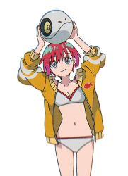 1girl amate_yuzuriha bikini breasts cleavage commentary cowboy_shot dou_(mame_eee) green_eyes gundam gundam_gquuuuuux haro hashtag-only_commentary highres holding jacket medium_breasts open_clothes open_jacket red_hair short_hair swimsuit white_bikini yellow_jacket