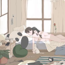2girls alarm_clock bang_dream! bang_dream!_it&#039;s_mygo!!!!! bed bedroom bite_mark bite_mark_on_ass black_hair black_panties breasts cellphone clock closed_eyes commentary completely_nude cup groping hashtag-only_commentary hickey highres i_love_lesbian kaname_raana long_hair lying medium_breasts mole mole_under_eye mug multiple_girls nude panties parted_lips phone photo_(object) raana_the_cat sheet_music shiina_taki sleeping smartphone stuffed_animal stuffed_panda stuffed_toy underwear unworn_panties yahata_umiri yuri