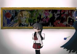 1boy 2girls absurdres ascot bad_id bad_twitter_id black_thighhighs blue_flower blue_rose brown_hair collared_shirt commentary english_commentary flower garry_(ib) highres ib_(ib) ib_(kouri) iesonatana inactive_account long_hair long_sleeves looking_at_viewer mary_(ib) miniskirt multiple_girls painting_(object) pleated_skirt red_ascot red_eyes red_flower red_rose red_skirt rose shirt skirt standing thighhighs white_shirt