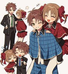&gt;_&lt; 1boy 1girl black_jacket black_pants blue_capelet blush bow brown_hair capelet carrying closed_eyes clunch collared_shirt formal_clothes green_necktie grin hair_bow highres jacket korean_commentary multiple_views necktie one_eye_closed open_clothes open_jacket open_mouth pants piggyback red_capelet school_uniform seiyo_academy_school_uniform shirt shugo_chara! smile souma_kuukai thighhighs tuxedo v-shaped_eyebrows white_shirt white_thighhighs yuiki_yaya
