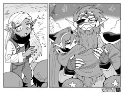 5boys aizawa_sachi beard cape captain_spaceboy colored_skin earrings facial_hair fingerless_gloves gloves hair_ornament hairclip jewelry long_hair long_sleeves looking_at_another multiple_boys omori open_mouth overalls pinkbeard_(omori) pointy_ears rococo_(omori) scarf short_hair size_difference sweatdrop sweater swept_bangs translation_request