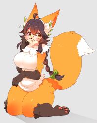 1girl :3 ahoge animal_ear_fluff animal_ears animal_feet animal_hands animal_nose apron blush bow braid breasts brown_fur brown_hair fox_ears fox_girl fox_tail full_body furry furry_female glasses green_bow grey_background hair_bow hand_up highres kneeling large_breasts long_hair multicolored_fur navel neck_fur open_mouth orange_fur original round_eyewear simple_background single_braid solo tail thick_thighs thighs toconikky white_apron white_fur yellow_eyes