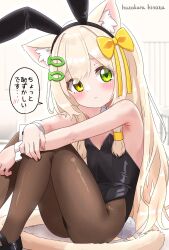 1girl animal_ears artist_name black_leotard black_shoes blush bow breasts brown_pantyhose cat_ears cat_girl check_translation commentary detached_collar fake_animal_ears fish_hair_ornament green_eyes hair_bow hair_ornament hazakura_hinata heterochromia highres kurumi_(hazakura_hinata) leotard long_hair original outdoors pantyhose playboy_bunny rabbit_ears shoes sitting small_breasts solo strapless strapless_leotard translation_request very_long_hair wrist_cuffs yellow_bow yellow_eyes