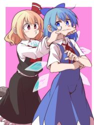 2girls black_vest blonde_hair blue_dress blue_eyes blue_hair blue_ribbon blush blush_stickers bow bowtie breasts cheek_pinching cirno collared_shirt dress frilled_skirt frills hair_between_eyes hair_ribbon ice ice_wings long_skirt long_sleeves medium_hair multicolored_hair multiple_girls neckerchief o3o open_mouth pinching pink_background red_bow red_eyes red_neckerchief red_ribbon ribbon rumia shinmon_akika shirt short_sleeves skirt small_breasts teeth touhou two-tone_hair vest wavy_hair white_background white_shirt wings