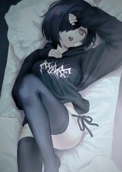 Rule 34 | 1girl, 666mg, bandage on cheek, black hair, black hoodie, black thighhighs, breasts, commentary, grey eyes, hair over one eye, hood, hood down, hoodie, looking at viewer, lying, on back, original, piercing, scar, scar on leg, short hair, solo, symbol-only commentary, thighhighs, tongue piercing