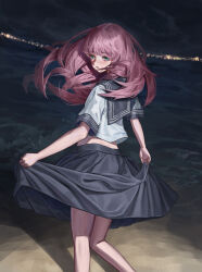 1girl absurdres bang_dream! bang_dream!_it&#039;s_mygo!!!!! beach blush chihaya_anon dress grey_eyes highres long_hair ocean pink_hair sayi school_uniform serafuku