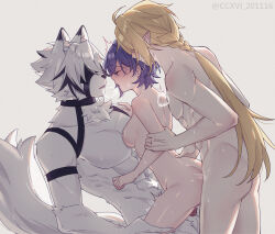 1girl 2boys abs absurdres animal_ear_fluff animal_ears artist_name ass belle_(zenless_zone_zero) blonde_hair blue_hair blush breasts ccxvi_201116 closed_eyes closed_mouth completely_nude cowgirl_position doggystyle french_kiss furry furry_male furry_with_non-furry group_sex heavy_breathing highres hugo_vlad interspecies kiss medium_breasts moaning multiple_boys nude open_mouth penis sex sex_from_behind sideboob smile straddling threesome twitching twitter_username von_lycaon white_hair wolf_ears zenless_zone_zero