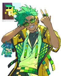 2boys ajaw_(genshin_impact) bandaid bandaid_on_cheek bandaid_on_face black_hair black_shirt blonde_hair commentary crossed_arms dark-skinned_male dark_skin earrings english_commentary game_screenshot_inset genshin_impact grandaloe green-tinted_eyewear green_eyes green_hair green_shirt grin hand_on_own_head hands_up highres instagram_username jacket jewelry kinich_(genshin_impact) layered_clothes looking_at_viewer male_focus multicolored_hair multiple_boys open_clothes open_jacket personification pixelated ring role_reversal shirt short_hair short_sleeves simple_background smile sunglasses teeth tinted_eyewear turtleneck turtleneck_shirt two-tone_hair upper_body white_background yellow_jacket zipper zipper_pull_tab