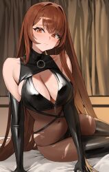 1girl absurdres arm_support bare_shoulders bby bed_sheet black_bodysuit black_gloves black_thighhighs blush bodysuit boots breasts brown_hair cleavage cleavage_cutout closed_mouth clothing_cutout collarbone commentary commission covered_navel elbow_gloves gloves highres indoors large_breasts latex long_hair looking_at_viewer on_bed orange_eyes original sitting skindentation solo thigh_boots thighhighs thighs zipper_pull_tab