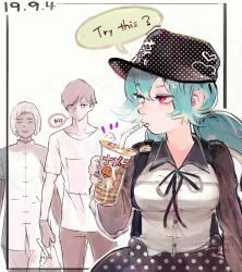 1boy 2girls aqua_eyes aqua_hair bag black_hair blue_hair bow bowtie breasts dark_skin english_text food grocery_bag heart heterochromia highres ishida_sui long_hair looking_at_another medium_breasts multiple_girls mushroom mutsuki_tooru nail_polish no_mouth polka_dot polka_dot_headwear polka_dot_skirt red_eyes shopping_bag short_hair skirt solo_focus soup squinting tokyo_ghoul tokyo_ghoul:re twintails urie_kuki yonebayashi_saiko