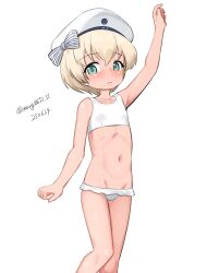 absurdres bikini bikini_skirt blonde_hair blue_eyes cosplay dated feet_out_of_frame flat_chest hand_up hat highres kantai_collection maru_(marg0613) one-hour_drawing_challenge ro-500_(kancolle) ro-500_(kancolle)_(cosplay) ro-500_(swimsuit)_(kancolle) sailor_hat short_hair simple_background standing swimsuit twitter_username white_background white_bikini white_hat z1_leberecht_maass_(kancolle)