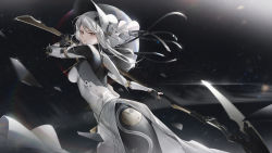 Rule 34 | absurdres, bonnet, dress, fighting stance, frown, glaring, glass, haicma: starveil (pgr), haicma (pgr), haicma (punishing: gray raven), hair ornament, hairclip, highres, light rays, looking at viewer, mechanical arms, mechanical legs, moon, punishing: gray raven, ribbon, scythe, space, white dress, white hair, xtears kitsune, yellow eyes