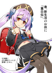 backpack bag black_shirt black_skirt blouse blue_flower blue_necktie blue_rose brown_pantyhose closed_mouth feet_out_of_frame flower hair_flower hair_ornament hat highres long_hair looking_at_viewer midriff miniskirt namonashi navel necktie pantyhose pleated_skirt purple_hair randoseru red_bag red_eyes rose sailor_collar school_uniform serafuku shirt simple_background skirt smile touhaku_(touhakuden) touhakuden translated twintails very_long_hair white_background white_sailor_collar