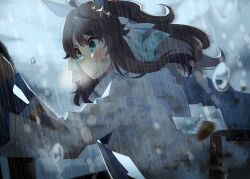 1girl absurdres ahoge amane_hikari animal_ears belt black_hair blue_eyes blush breasts commentary_request daring_tact_(umamusume) dirty dirty_clothes gloves hair_ornament heavy_breathing highres horse_ears horse_girl jacket long_hair medium_breasts rain sky solo star_(symbol) star_hair_ornament umamusume