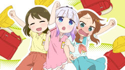 3girls :d :o backpack bag black_bow blue_eyes blunt_bangs blush bow brown_hair casual character_request closed_eyes collared_shirt eyebrows_hidden_by_hair flower_hairclip frilled_shirt frilled_thighhighs frills gradient_hair green_eyes green_skirt hair_bow hair_ornament hairband hand_up happy hat highres holding_another&#039;s_arm jumping kagero_(plusup) kanna_kamui kobayashi-san_chi_no_maidragon multicolored_hair multiple_girls name_tag neckerchief open_mouth pink_shirt randoseru saikawa_riko sailor_collar shirt short_sleeves shy sidelocks skirt smile thighhighs white_thighhighs yellow_hat yellow_shirt