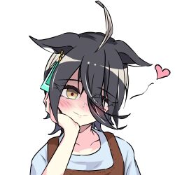 132109chisato 1girl absurdres ahoge animal_ears apron closed_mouth collarbone ear_tag earrings ears_down grey_hair hand_on_own_face hand_up heart highres horse_ears horse_girl jewelry manhattan_cafe_(umamusume) multicolored_hair red_apron shirt simple_background single_earring solo umamusume white_background white_shirt yellow_eyes