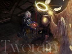 1boy 1girl armor artist_name brick_floor chinese_commentary commentary_request falling_feathers feathered_wings feathers full_armor grey_wings halo hand_of_the_inheritor heart_(organ) highres holding holding_heart_(organ) holding_staff kneeling light_particles looking_to_the_side medium_hair on_one_knee pathfinder:_wrath_of_the_righteous pelvic_curtain staff tworain_w unfinished watermark white_feathers white_hair wings