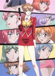 1990s_(style) 1997 6+girls absurdres adjutant_(agent_aika) agent_aika aida_rion aika_(series) ass black_delmo black_delmo_leader black_skirt blue_delmo blue_delmo_leader blue_eyes blue_hair breasts brooch brown_eyes cleavage crotch_seam delmo_commander delmogeny_uniform earrings glasses green_hair gun hairband highres holding holding_gun holding_weapon jacket jewelry light_brown_hair lipstick long_sleeves makeup maypia_alexymetalia miniskirt multiple_girls neena_hagen official_art open_mouth orange_hair panties pantyshot pencil_skirt pink_delmo pink_hair pink_skirt pleated_skirt ponytail puffy_sleeves purple_hair red_hair red_hairband red_jacket red_lips red_skirt retro_artstyle shirt short_hair skirt smile standing sumeragi_aika suzie_(agent_aika) trigger_discipline underwear weapon white_delmo white_panties yamauchi_noriyasu yellow_shirt