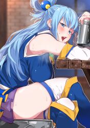 1girl absurdres aqua_(konosuba) bare_shoulders blue_eyes blue_hair blue_shirt blush boots border breasts commentary_request crossed_legs cup detached_sleeves elbow_rest from_side hair_bobbles hair_ornament hair_rings half-closed_eyes hanging_breasts highres holding holding_cup indoors knee_boots kono_subarashii_sekai_ni_shukufuku_wo! large_breasts long_hair looking_at_viewer looking_to_the_side miniskirt open_mouth pleated_skirt purple_skirt re:ankh sagging_breasts shirt single_hair_ring sitting skirt sleeveless sleeveless_shirt solo sweat teeth thighhighs thighhighs_under_boots thighs turning_head upper_teeth_only white_thighhighs wide_sleeves zettai_ryouiki