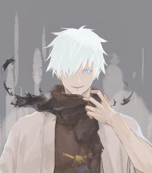 1boy black_scarf blue_eyes brown_shirt coat dust dust_cloud eeeng_l gojou_satoru grey_background hair_between_eyes hair_over_one_eye holding_scarf holding_unworn_clothes japanese_clothes jujutsu_kaisen kimono looking_at_viewer male_focus mature_male messy_hair parted_lips scarf shirt short_hair short_sleeves smile solo torn_clothes torn_scarf white_coat white_hair white_kimono wide_sleeves