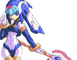 1girl android armor blue_armor blue_eyes blue_helmet crotch_plate fairy_leviathan_(mega_man) fins forehead_jewel gloves head_fins helmet hi-go! holding holding_polearm holding_weapon looking_at_viewer mega_man_(series) mega_man_zero_(series) polearm robot_girl simple_background smile solo spear weapon white_background white_gloves