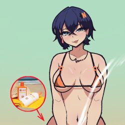 Rule 34 | 1girl, absurdres, arrow (symbol), belle (summer skies) (zenless zone zero), belle (zenless zone zero), bikini, blue eyes, blue hair, breasts, breasts apart, crossed bangs, double-parted bangs, earrings, green background, hair between eyes, hair ornament, highres, jewelry, large breasts, looking at viewer, lotion, meme, mole, mole under eye, navel, necklace, official alternate costume, orange bikini, red arrow and circle (meme), red circle, rigby the cat (meme), saltdrawyou, sexually suggestive, short hair, simple background, single earring, skindentation, smile, solo, suggestive fluid, sunscreen, swimsuit, tongue, tongue out, upper body, zenless zone zero