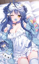 1girl absurdres amamiya_kokoro amamiya_kokoro_(6th_costume) bell blue_cardigan blue_hair blue_nails blunt_bangs blush braid breasts cardigan character_doll cloud_hair_ornament doll dress eneru_(enepuni) frilled_dress frilled_hairband frills goat hair_bell hair_ornament hairband heart heart_print highres long_hair merchandise nail_polish neck_bell neko_(amamiya_kokoro) nijisanji official_alternate_costume on_bed one_eye_closed pacifier petite single_braid sleep_mask small_breasts stuffed_goat stuffed_toy virtual_youtuber watermark x_hair_ornament yellow_eyes