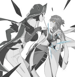 1boy 1girl animal animal_around_neck arms_behind_back baizhu_(genshin_impact) bodice bound bound_wrists braid breasts changsheng_(genshin_impact) clothes_lift commentary_request covered_eyes crop_top elbow_gloves eye_mask femdom genshin_impact glasses gloves hair_between_eyes hair_ornament hair_stick hetero highres large_breasts leg_between_thighs lifting_another&#039;s_clothes limited_palette long_hair midriff mirror_maiden_(genshin_impact) monochrome navel pants parted_lips semi-rimless_eyewear shirt shirt_lift sidelocks smile snake standing sweat under-rim_eyewear usushio_oishii