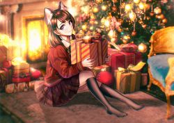 1girl absurdres animal_ears black_legwear blush brown_hair cat_ears chair christmas christmas_tree fireplace gift highres holding indoors looking_at_viewer mat miyabulb original purple_eyes school_uniform sitting smile solo