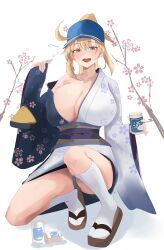 1girl absurdres ahoge artoria_pendragon_(fate) baseball_cap blonde_hair blue_eyes blue_hat blue_kimono blush breasts cleavage fate/grand_order fate_(series) hat highres japanese_clothes kimono kneehighs kneeling large_breasts long_hair long_sleeves looking_at_viewer mysterious_heroine_xx_(fate) obi off_shoulder open_mouth ponytail s4ika sandals sash sidelocks smile socks solo two-tone_kimono white_kimono wide_sleeves