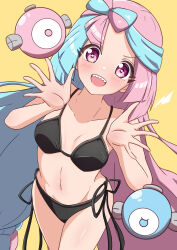 1girl absurdres bare_shoulders bikini black_bikini blue_hair blush bow-shaped_hair breasts collarbone commentary gen_1_pokemon highres iono_(pokemon) lightning_bolt_symbol long_hair looking_at_viewer magnemite multicolored_hair navel nintendo open_mouth pink_eyes pink_hair pokemon pokemon_sv rono_(lethys) sharp_teeth side-tie_bikini_bottom simple_background smile solo split-color_hair stomach swimsuit teeth thighs two-tone_hair upper_teeth_only yellow_background