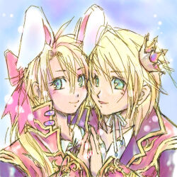 2boys animal_ears blonde_hair blue_background blush bow closed_mouth coat collared_shirt commentary_request crown gold_trim green_eyes hair_bow looking_at_viewer lowres male_focus medium_hair mini_crown multiple_boys open_mouth pink_bow priest_(ragnarok_online) rabbit_boy rabbit_ears ragnarok_online red_coat shirt short_hair smile upper_body white_shirt yukimushi