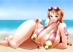 1girl alternate_breast_size alternate_costume arm_support ass barefoot beach bikini bikini_pull blush breasts breasts_squeezed_together cameltoe clothes_pull earrings hetero highres huge_ass huge_breasts jewelry legs_together long_hair looking_at_viewer lying moaning nami_(one_piece) nami_(one_piece)_(post-timeskip) official_alternate_costume one_piece one_piece_film:_z orange_eyes orange_hair seductive_gaze shiny_skin shoulder_tattoo side-tie_bikini_bottom skindentation smile string_bikini sunglasses_on_head sweat swimsuit tattoo thong thong_bikini undressing very_long_hair wrato