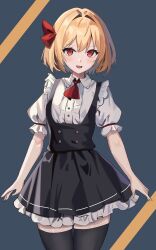 1girl absurdres black_dress blonde_hair center_frills dress frills hair_ribbon highres medium_hair ody_kishi outstretched_arms puffy_short_sleeves puffy_sleeves red_eyes red_ribbon ribbon rumia shirt short_dress short_sleeves solo spread_arms thighhighs touhou white_shirt