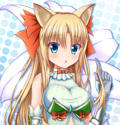 1girl aneten animal_ears armor armored_gloves bare_shoulders breastplate breasts cat_ears emil_chronicle_online green_armor hair_ribbon large_breasts long_hair looking_at_viewer mitama_elise open_mouth red_ribbon ribbed_sweater ribbon sweater