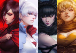4girls black_hair blake_belladonna blonde_hair blue_eyes blush bow breasts cape cleavage cloak closed_mouth column_lineup cross earrings gradient_hair grey_eyes hair_bow hair_ornament high_collar jacket jewelry large_breasts long_hair looking_at_viewer looking_to_the_side multicolored_hair multiple_girls necklace parted_lips purple_eyes realistic red_hair revision ruby_rose rwby scarf short_hair siblings sisters small_breasts smile stanley_lau tank_top team two-tone_hair weiss_schnee white_hair yang_xiao_long yellow_eyes