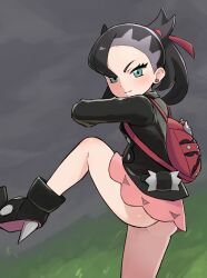 1girl absurdres ankle_boots ass asymmetrical_bangs backpack bag black_boots black_hair black_jacket blush boots chiwino closed_mouth cloud cloudy_sky commentary_request dress earrings eyelashes grass green_eyes hair_ribbon highres jacket jewelry leg_up marnie_(pokemon) medium_hair nintendo no_panties outdoors pink_dress pokemon pokemon_swsh red_bag red_ribbon ribbon sky solo standing standing_on_one_leg throwing