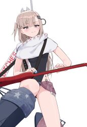 Rule 34 | 1girl, absurdres, american flag, american flag print, american flag skirt, black one-piece swimsuit, denim, denim skirt, flag print, grey eyes, grey hair, guitar, hair ornament, highleg, highleg one-piece swimsuit, highres, holding, holding plectrum, instrument, japanese flag, kantai collection, kill markings, l meet, long hair, music, nail polish, one-piece swimsuit, playing guitar, playing instrument, plectrum, print skirt, profanity, rudder footwear, scarf, simple background, skirt, smile, solo, swimsuit, two-tone one-piece swimsuit, wahoo (kancolle), wahoo kai (kancolle), white background, white scarf