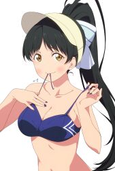 1girl adjusting_clothes adjusting_swimsuit bikini bikini_in_mouth black_hair blue_bikini blush breasts cleavage_cutout clothes_in_mouth clothing_cutout commentary_request commission hair_ribbon hazuki_ren highres long_hair looking_at_viewer love_live! love_live!_superstar!! medium_breasts nagi_mkrnpn nail_polish navel ribbon side_ponytail signature skeb_commission smile swimsuit upper_body visor_cap white_background white_ribbon yellow_eyes