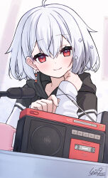 1girl ahoge anku blush closed_mouth cup earrings hair_ornament highres hood hood_down hoodie jewelry looking_at_viewer microphone neo-porte radio red_eyes shirona_shizuku solo virtual_youtuber white_hair