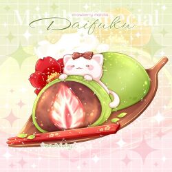 animal_focus artist_name bow brown_bow camellia cat chocomiruki chopsticks daifuku flower food food_focus fruit gradient_background green_background grid_background ichigo_daifuku kitten light_particles matcha_(food) no_humans original pink_background red_flower sparkle strawberry strawberry_slice wagashi white_cat zoom_layer