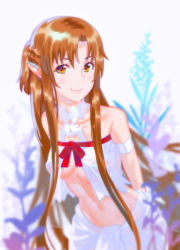 1girl abs armlet asuna_(sao) bare_shoulders blurry blurry_background blurry_foreground bow braid breasts brown_hair commentary_request depth_of_field elf eyelashes film_grain flower half_up_braid highres jewelry leaning_forward long_hair looking_at_viewer medium_breasts navel open_clothes parted_bangs plant pointy_ears rapa_rachi red_bow revision see-through_clothes shiny_skin shirt sidelocks signature simple_background skindentation smile solo sweat sword_art_online titania_(sao) underboob very_long_hair white_background white_shirt yellow_eyes
