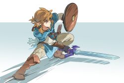 1boy absurdres arm_up arrow_(projectile) bishounen black_gloves blonde_hair blue_eyes blue_tunic boots brown_boots ch_walnut closed_mouth dynamic_pose earrings fingerless_gloves gloves highres holding holding_shield holding_sword holding_weapon jewelry link long_pointy_ears looking_ahead male_focus master_sword nintendo pants piercing pointy_ears ponytail quiver shield short_ponytail solo sword the_legend_of_zelda the_legend_of_zelda:_breath_of_the_wild tunic weapon wooden_shield