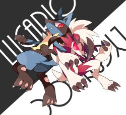 2others black_hair body_fur claws closed_mouth colored_sclera commentary_request fang furry gen_4_pokemon gen_7_pokemon lucario lycanroc lycanroc_(midnight) multiple_others nintendo other_focus pokemon pokemon_(creature) red_eyes red_sclera smile tail takashino_(noni-nani) white_hair