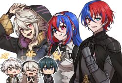 2girls 4boys alternate_costume armor black_armor black_cape blue_hair brown_eyes cape chibi commentary_request cosplay costume_switch female_alear_(fire_emblem) female_corrin_(fire_emblem) female_corrin_(fire_emblem)_(cosplay) fire_emblem fire_emblem:_three_houses fire_emblem_awakening fire_emblem_engage fire_emblem_fates fire_emblem_heroes gauntlets grey_hair heterochromia highres hood hood_up long_hair looking_at_viewer male_alear_(fire_emblem) male_byleth_(fire_emblem) male_byleth_(fire_emblem)_(cosplay) male_corrin_(fire_emblem) male_robin_(fire_emblem) male_robin_(fire_emblem)_(cosplay) multicolored_hair multiple_boys multiple_girls nintendo open_mouth pointy_ears purple_eyes red_eyes red_hair smile split-color_hair two-tone_hair white_background white_hair zuzu_(ywpd8853)