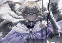 1girl absurdres armor army blonde_hair blue_eyes cloak fate/apocrypha fate_(series) flag full_armor gauntlets helm helmet highres holding holding_flag jeanne_d&#039;arc_(fate) jeanne_d&#039;arc_(ruler)_(fate) polearm purple_cloak serious shiro_(siro_kuten) spear sword weapon