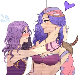 2girls bandana blush bra breasts closed_mouth detached_sleeves dress earrings final_fantasy final_fantasy_ii giggling highres implied_yuri jewelry large_breasts looking_at_another maria_(ff2) muffywaifu multiple_girls purple_bra purple_dress purple_hair purple_sleeves reila shoulder_pads single_detached_sleeve smile strapless strapless_bra teasing underwear upper_body yuri