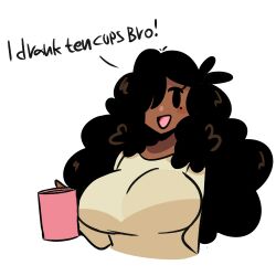 1girl black_hair bro-girl coffee_mug cup dark-skinned_female dark_skin english_text mole mole_under_eye mug murgoten