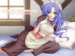 Rule 34 | 1girl, ahoge, apron, blue hair, blurry, blurry background, blush, breasts, brown dress, circle name, closed mouth, commentary request, copyright name, day, dress, earrings, feet out of frame, gloves, green eyes, hair between eyes, indoors, jewelry, kafra uniform, kazuma muramasa, long hair, looking at viewer, maid, maid headdress, medium breasts, pavianne (ragnarok online), pillow, puffy short sleeves, puffy sleeves, ragnarok online, short sleeves, smile, solo, stud earrings, watermark, web address, white apron, white gloves, window